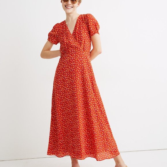 Madewell Dresses & Skirts - Madewell Silk Puff Sleeve Wrap Front Midi Dress